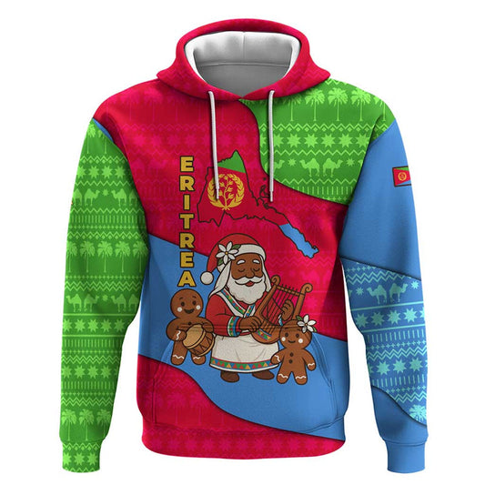 Eritrea Christmas With African Santa Gingerbread Harp National Flag Colors And Festive Pattern Design Hoodie