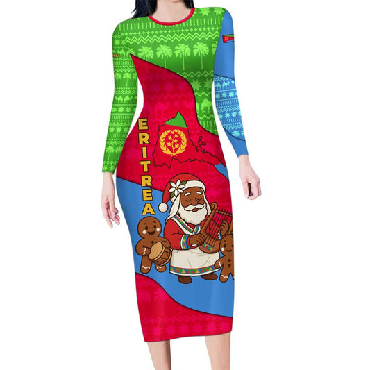 Eritrea Christmas With African Santa Gingerbread Harp National Flag Colors And Festive Pattern Design Long Sleeve Bodycon Dress