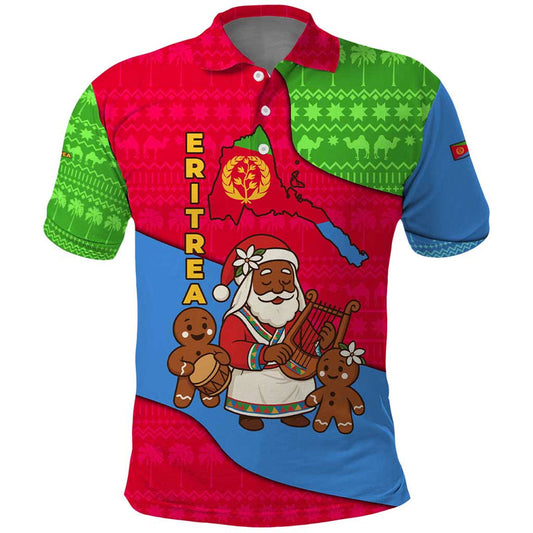 Eritrea Christmas With African Santa Gingerbread Harp National Flag Colors And Festive Pattern Design Polo Shirt