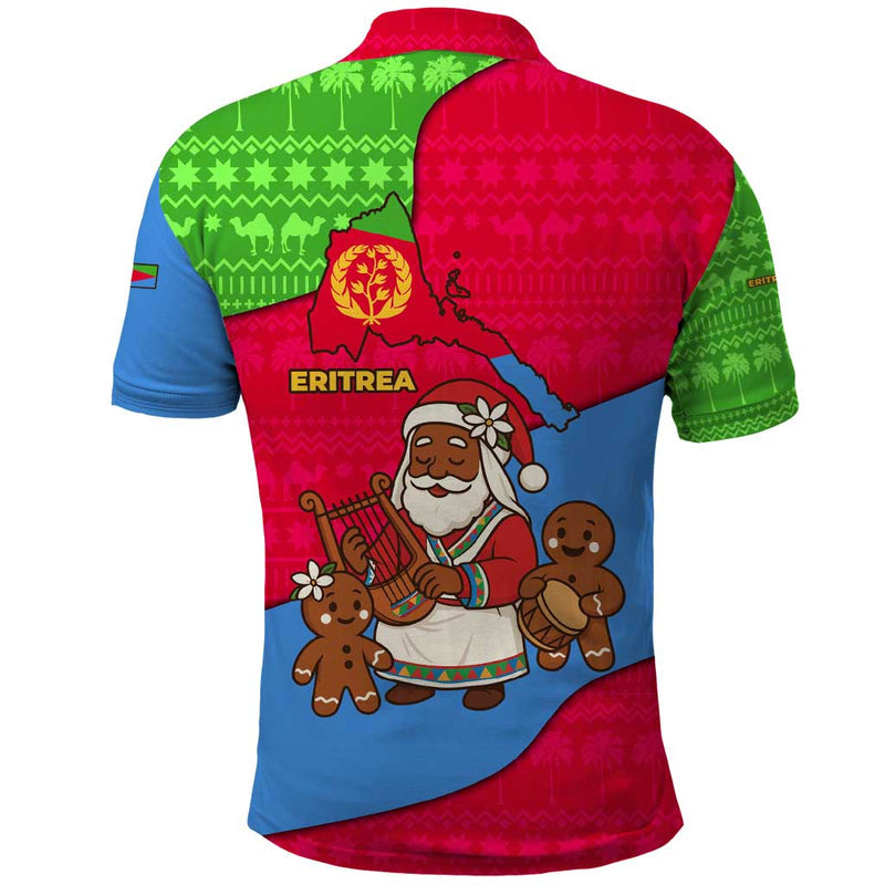 Eritrea Christmas With African Santa Gingerbread Harp National Flag Colors And Festive Pattern Design Polo Shirt