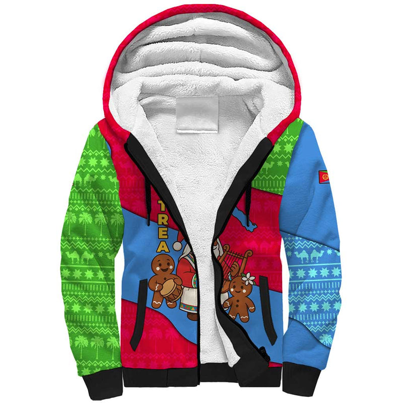Eritrea Christmas With African Santa Gingerbread Harp National Flag Colors And Festive Pattern Design Sherpa Hoodie