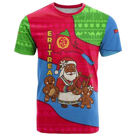 Eritrea Christmas With African Santa Gingerbread Harp National Flag Colors And Festive Pattern Design T Shirt