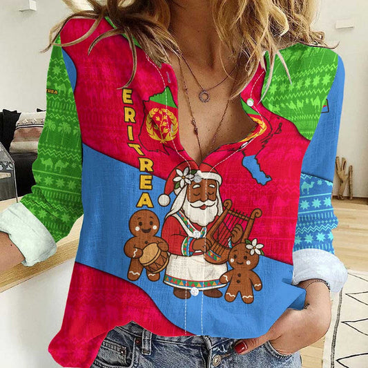Eritrea Christmas With African Santa Gingerbread Harp National Flag Colors And Festive Pattern Design Women Casual Shirt