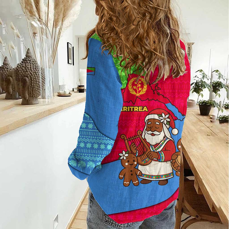 Eritrea Christmas With African Santa Gingerbread Harp National Flag Colors And Festive Pattern Design Women Casual Shirt