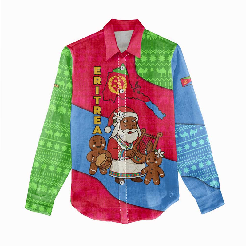 Eritrea Christmas With African Santa Gingerbread Harp National Flag Colors And Festive Pattern Design Women Casual Shirt