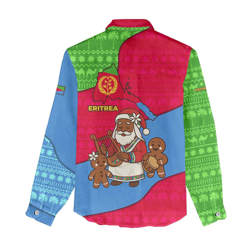 Eritrea Christmas With African Santa Gingerbread Harp National Flag Colors And Festive Pattern Design Women Casual Shirt