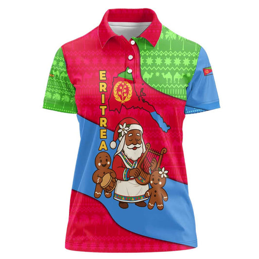 Eritrea Christmas With African Santa Gingerbread Harp National Flag Colors And Festive Pattern Design Women Polo Shirt