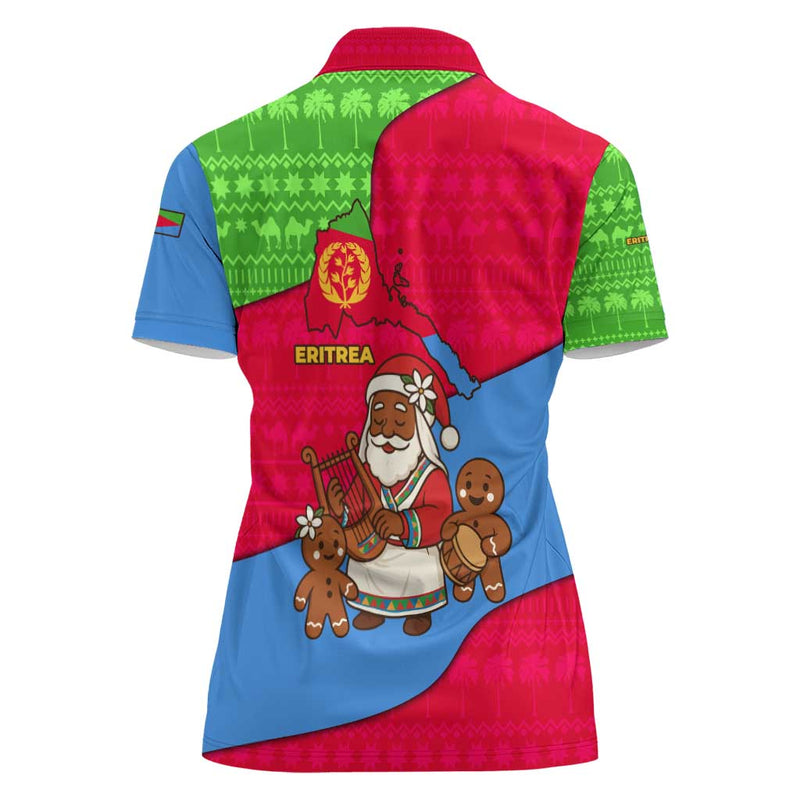 Eritrea Christmas With African Santa Gingerbread Harp National Flag Colors And Festive Pattern Design Women Polo Shirt