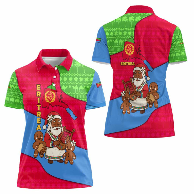 Eritrea Christmas With African Santa Gingerbread Harp National Flag Colors And Festive Pattern Design Women Polo Shirt