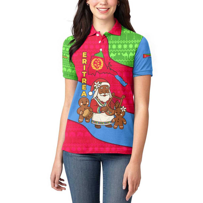 Eritrea Christmas With African Santa Gingerbread Harp National Flag Colors And Festive Pattern Design Women Polo Shirt