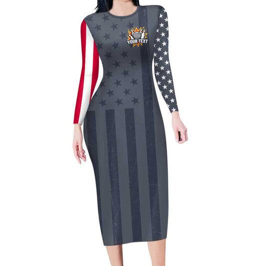 Custom Bowling Ball And Pins American Flag Stars And Stripes In Grunge Patriotic Long Sleeve Bodycon Dress