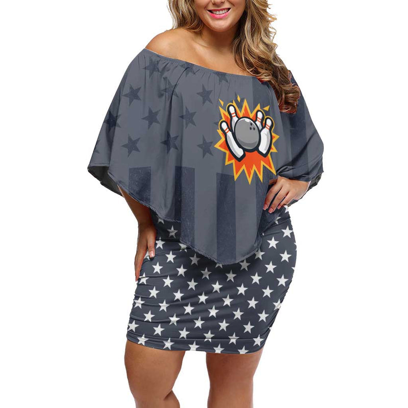 Custom Bowling Ball And Pins American Flag Stars And Stripes In Grunge Patriotic Off Shoulder Short Dress