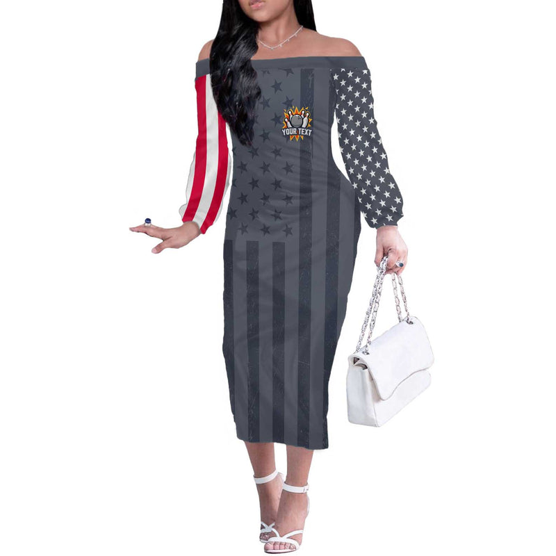 Custom Bowling Ball And Pins American Flag Stars And Stripes In Grunge Patriotic Off The Shoulder Long Sleeve Dress