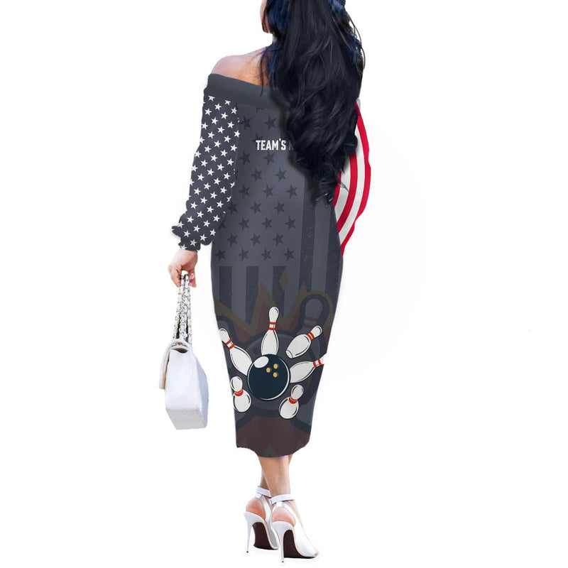 Custom Bowling Ball And Pins American Flag Stars And Stripes In Grunge Patriotic Off The Shoulder Long Sleeve Dress