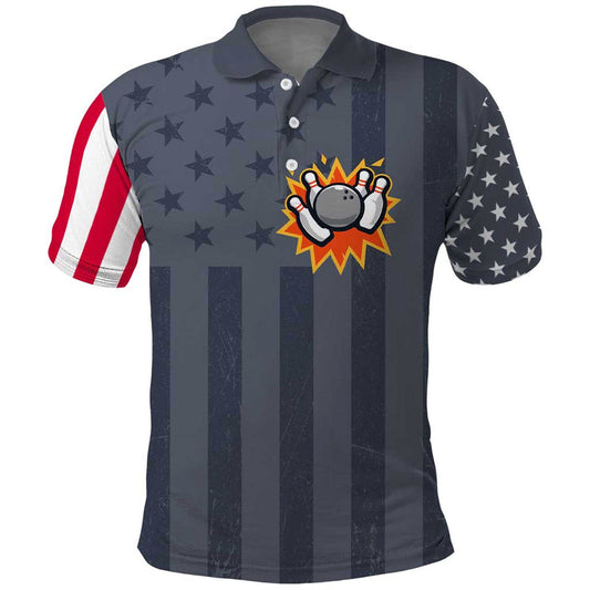 Custom Bowling Ball and Pins American Flag Stars and Stripes in Grunge Patriotic Polo Shirt