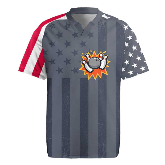 Custom Bowling Ball And Pins American Flag Stars And Stripes In Grunge Patriotic Rugby Jersey