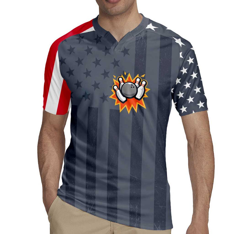Custom Bowling Ball And Pins American Flag Stars And Stripes In Grunge Patriotic Rugby Jersey