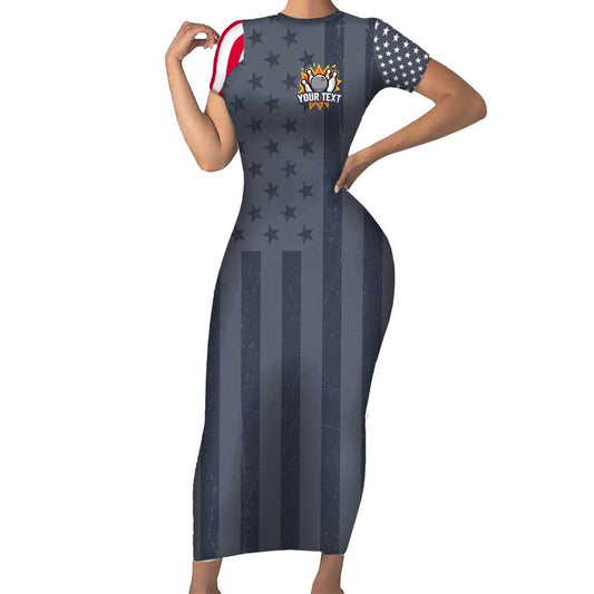 Custom Bowling Ball And Pins American Flag Stars And Stripes In Grunge Patriotic Short Sleeve Bodycon Dress