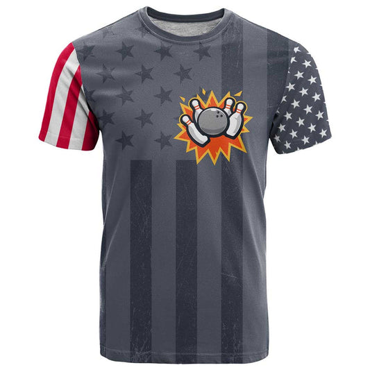 Custom Bowling Ball and Pins American Flag Stars and Stripes in Grunge Patriotic T Shirt