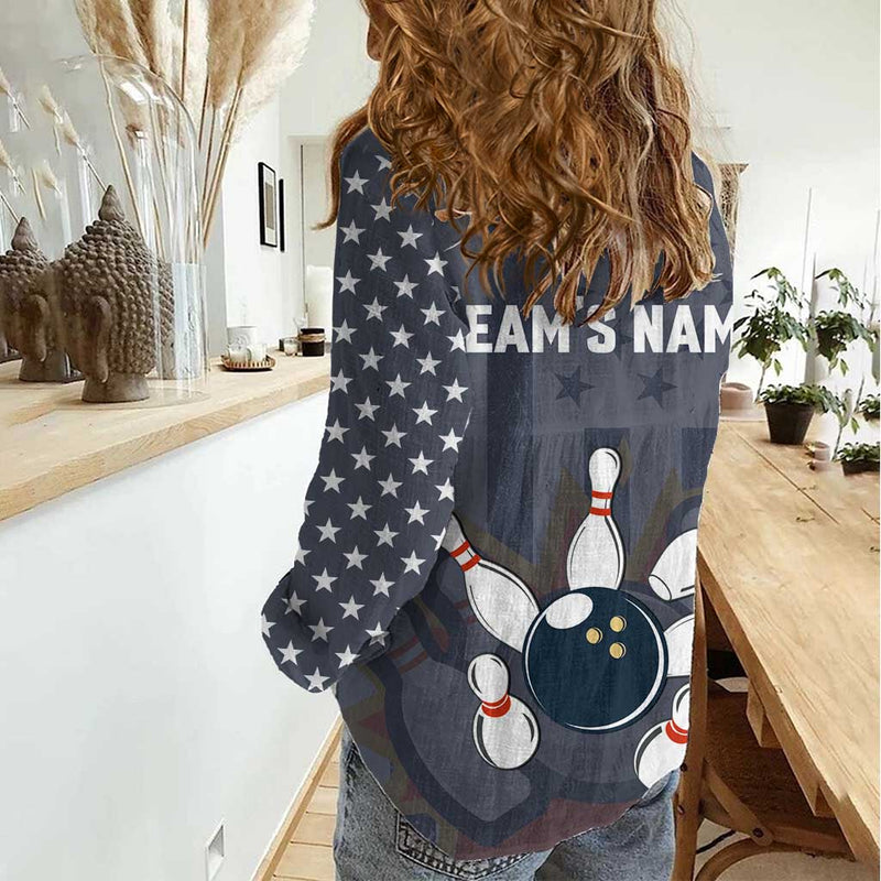 Custom Bowling Ball and Pins American Flag Stars and Stripes in Grunge Patriotic Women Casual Shirt