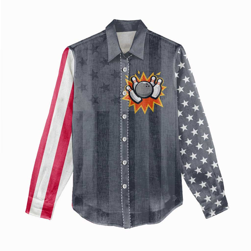 Custom Bowling Ball and Pins American Flag Stars and Stripes in Grunge Patriotic Women Casual Shirt
