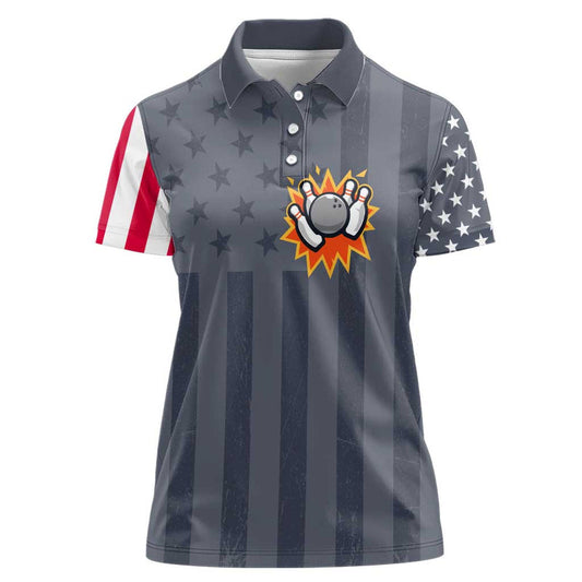 Custom Bowling Ball and Pins American Flag Stars and Stripes in Grunge Patriotic Women Polo Shirt