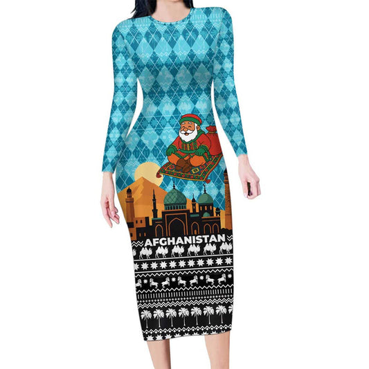 Afghanistan Christmas With Santa On Flying Carpet Mosque Camels And Desert Sunset Design Long Sleeve Bodycon Dress