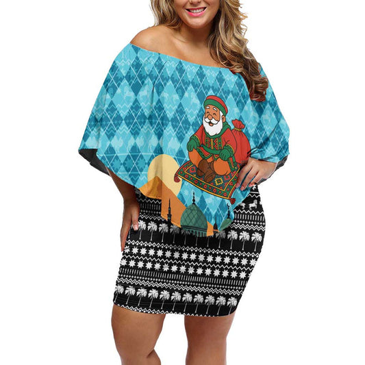 Afghanistan Christmas With Santa On Flying Carpet Mosque Camels And Desert Sunset Design Off Shoulder Short Dress