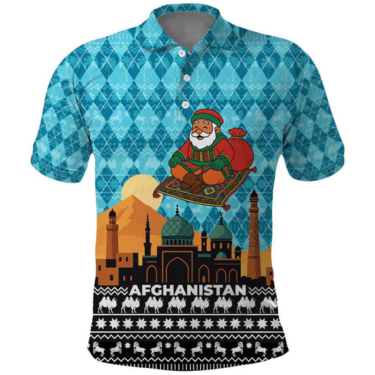 Afghanistan Christmas With Santa On Flying Carpet Mosque Camels And Desert Sunset Design Polo Shirt