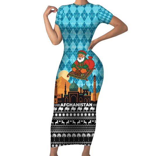 Afghanistan Christmas With Santa On Flying Carpet Mosque Camels And Desert Sunset Design Short Sleeve Bodycon Dress