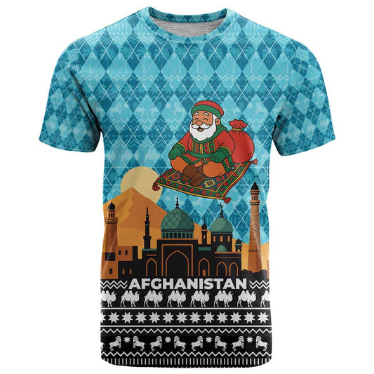 Afghanistan Christmas With Santa On Flying Carpet Mosque Camels And Desert Sunset Design T Shirt