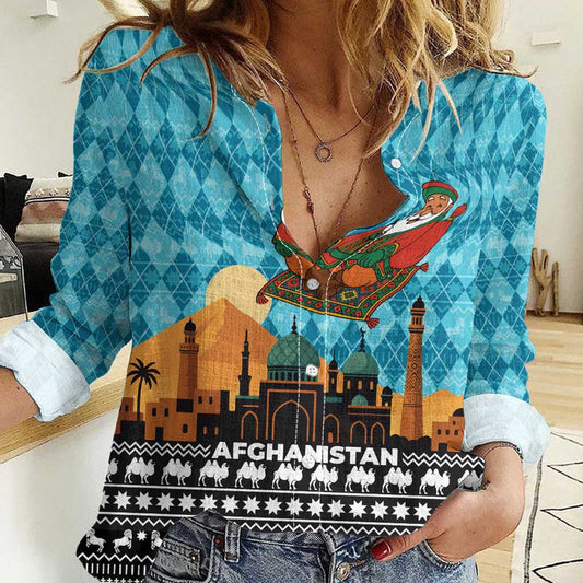 Afghanistan Christmas With Santa On Flying Carpet Mosque Camels And Desert Sunset Design Women Casual Shirt