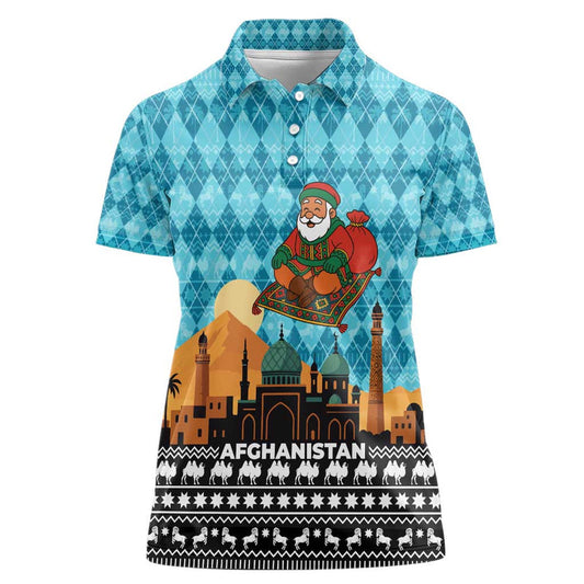 Afghanistan Christmas With Santa On Flying Carpet Mosque Camels And Desert Sunset Design Women Polo Shirt