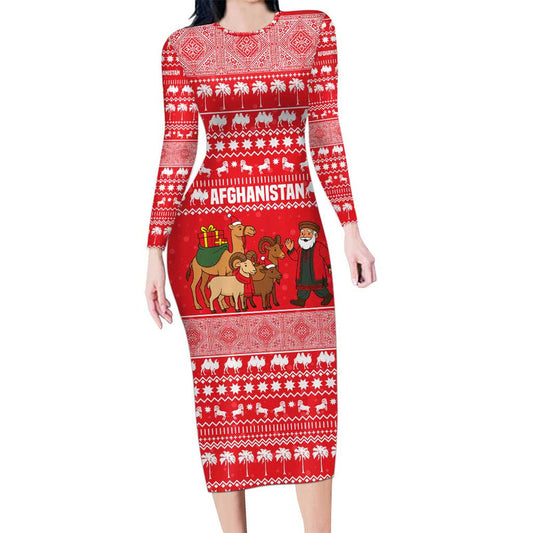 Afghanistan Christmas With Santa Camels Sheep Traditional Pattern And Festive Design Long Sleeve Bodycon Dress