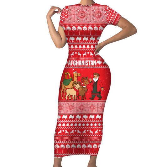 Afghanistan Christmas With Santa Camels Sheep Traditional Pattern And Festive Design Short Sleeve Bodycon Dress