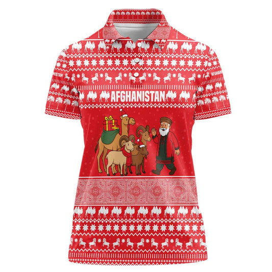 Afghanistan Christmas With Santa Camels Sheep Traditional Pattern And Festive Design Women Polo Shirt