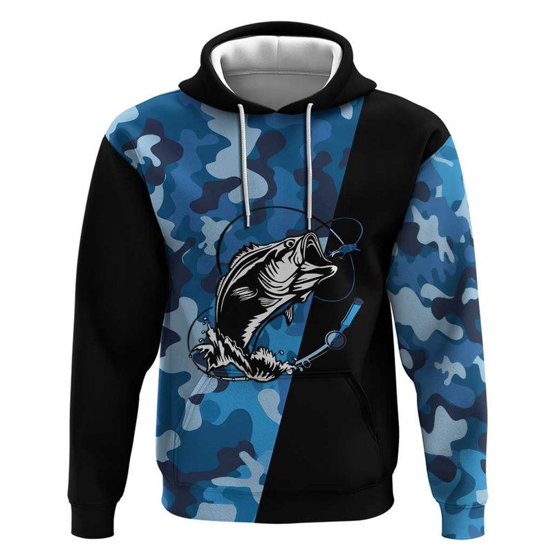 Custom Blue Camo Bass Fishing Fishing Rod Graphic Design Hoodie