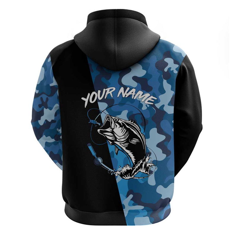 Custom Blue Camo Bass Fishing Fishing Rod Graphic Design Hoodie
