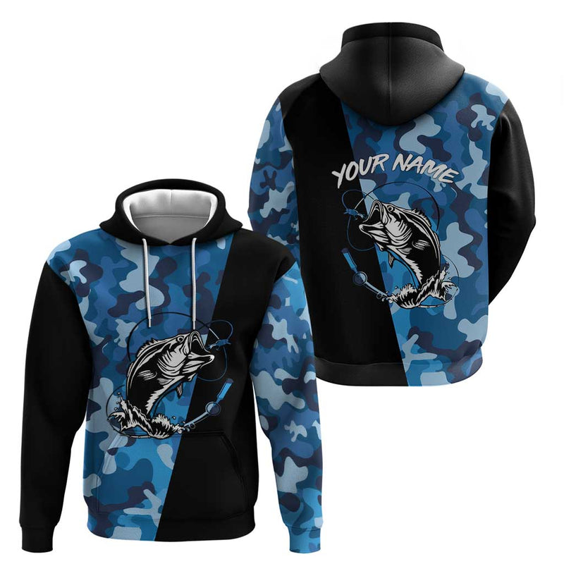 Custom Blue Camo Bass Fishing Fishing Rod Graphic Design Hoodie