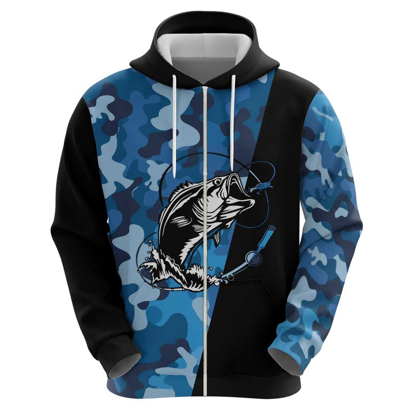 Custom Blue Camo Bass Fishing Fishing Rod Graphic Design Hoodie