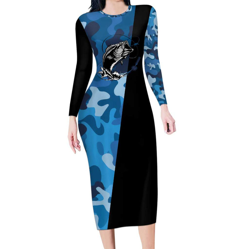 Custom Blue Camo Bass Fishing Fishing Rod Graphic Design Long Sleeve Bodycon Dress