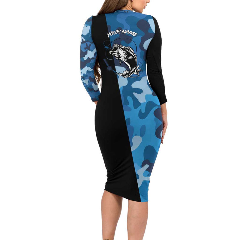 Custom Blue Camo Bass Fishing Fishing Rod Graphic Design Long Sleeve Bodycon Dress