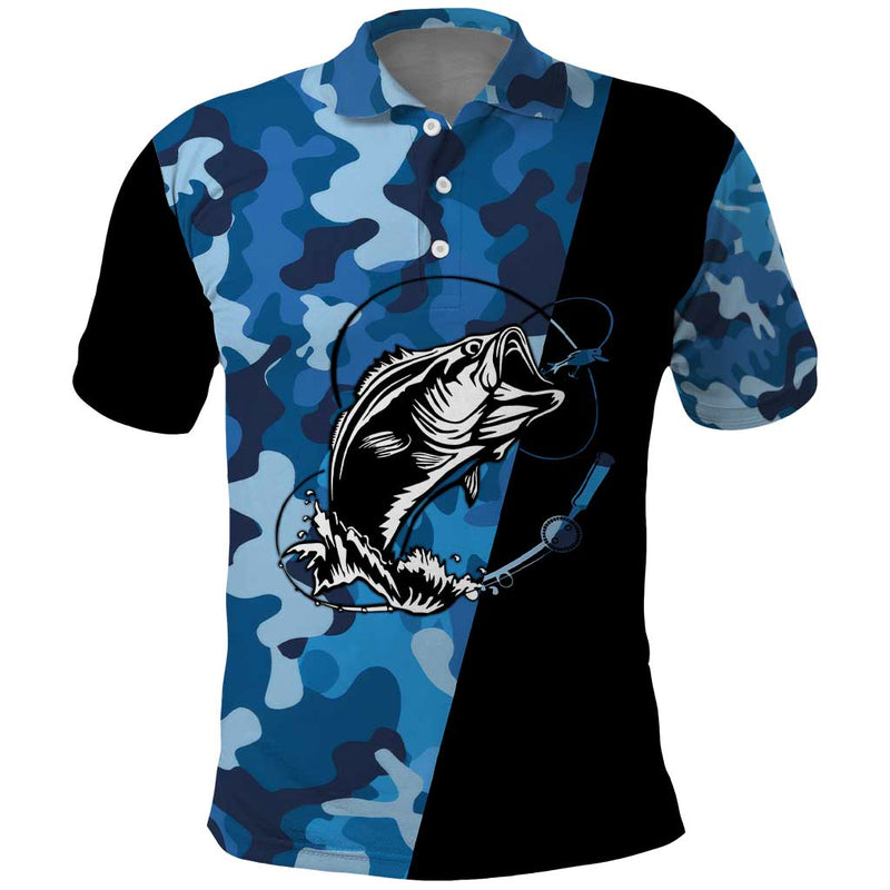 Custom Blue Camo Bass Fishing Fishing Rod Graphic Design Polo Shirt