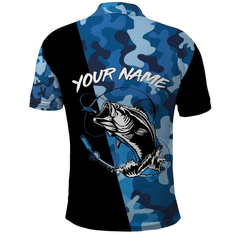 Custom Blue Camo Bass Fishing Fishing Rod Graphic Design Polo Shirt