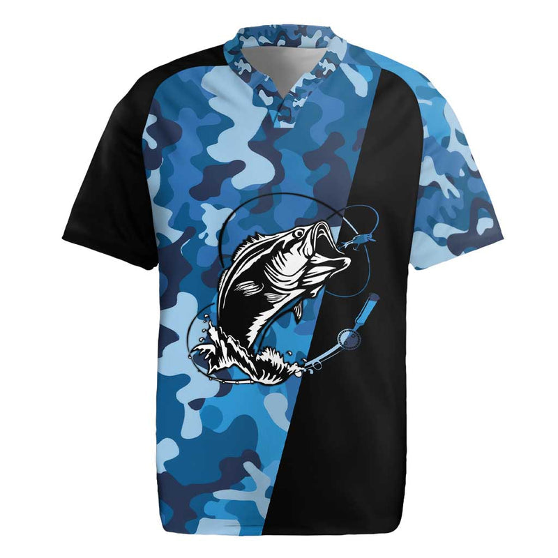 Custom Blue Camo Bass Fishing Fishing Rod Graphic Design Rugby Jersey