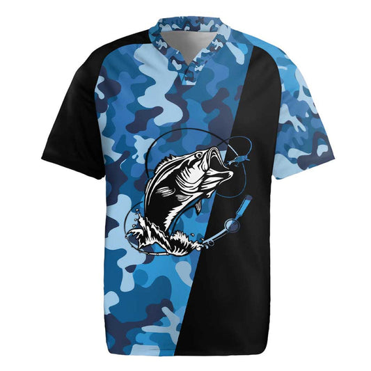 Custom Blue Camo Bass Fishing Fishing Rod Graphic Design Rugby Jersey