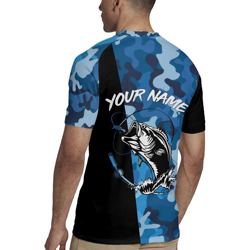 Custom Blue Camo Bass Fishing Fishing Rod Graphic Design Rugby Jersey