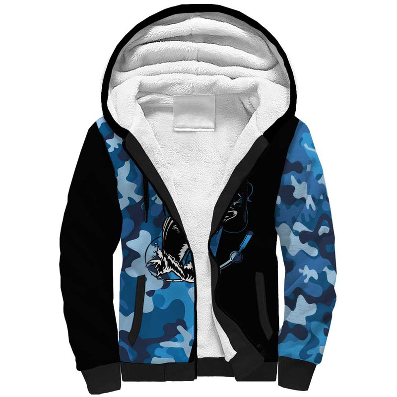 Custom Blue Camo Bass Fishing Fishing Rod Graphic Design Sherpa Hoodie