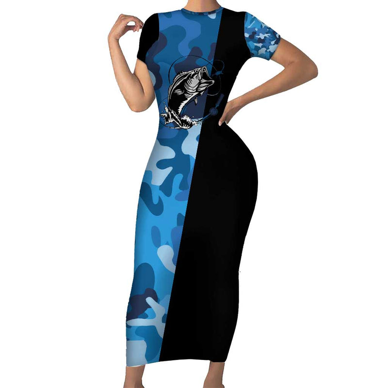 Custom Blue Camo Bass Fishing Fishing Rod Graphic Design Short Sleeve Bodycon Dress