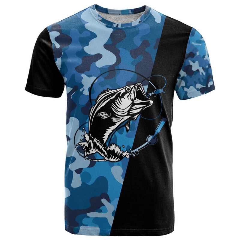 Custom Blue Camo Bass Fishing Fishing Rod Graphic Design T Shirt